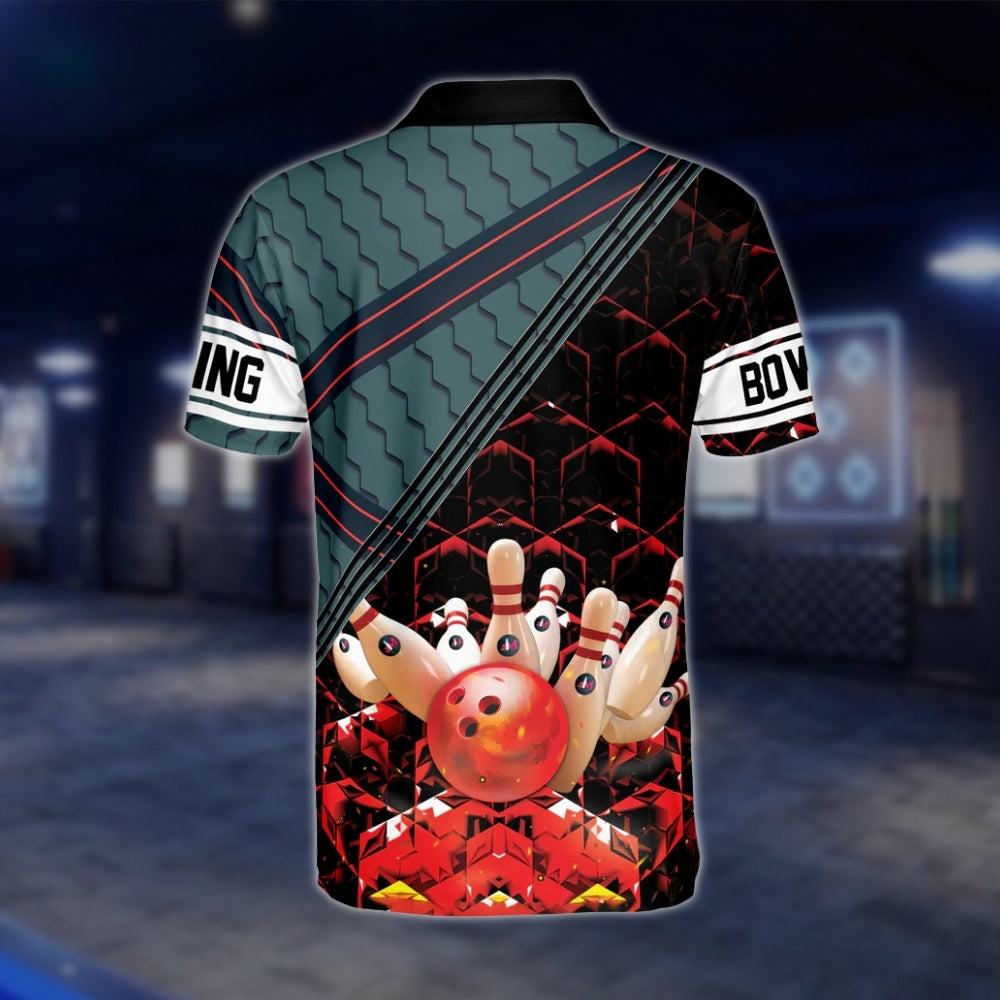 Men's Honeycomb Bowling Polo Shirt, Black Red Geometric Bowling Shirt For Men BZ0106