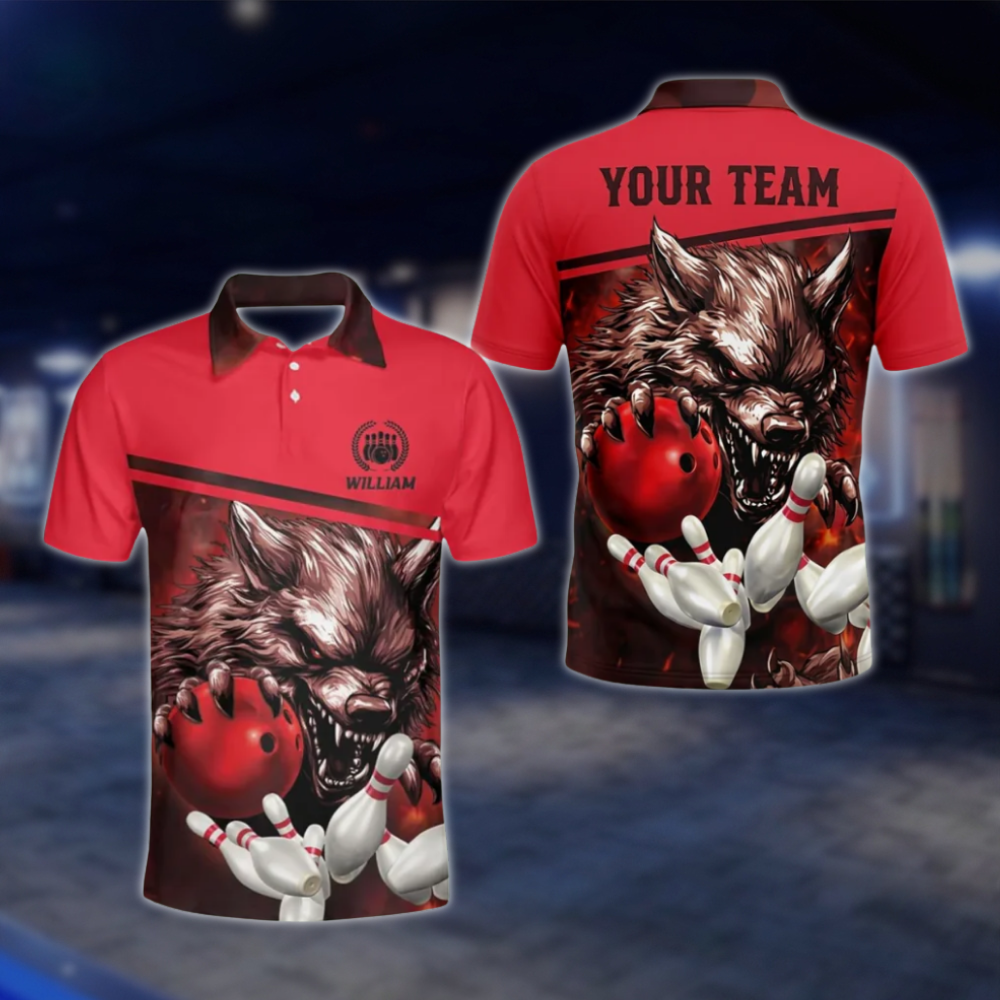 Wolf Custom Mens Blue Bowling Polo Shirt, Custom Wolf Bowling Team Shirts BZ0138