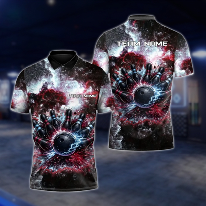 Personalized Galaxy Thunder Bowling Team Polo Shirt For Men, Custom Team Bowling Shirt Red Black BZ0798