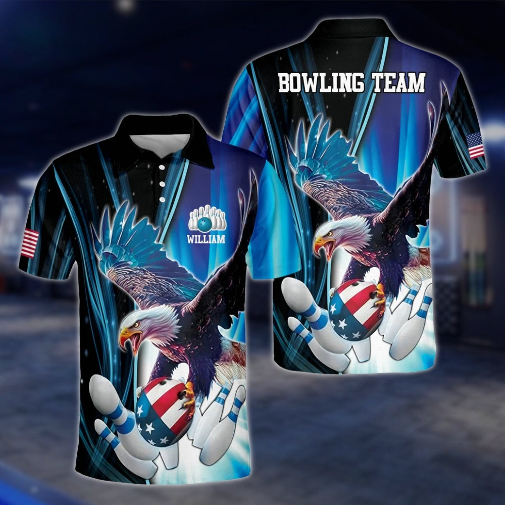 Eagle American Flag Custom Mens Bowling Polo Shirt, Custom Eagle Bowling Shirts For Team BZ0103