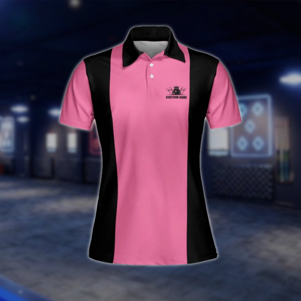 Queenpins Custom Name Black Pink Bowling Polo Shirt, Custom Funny Womens Bowling Shirts BW0050