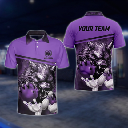 Wolf Custom Mens Blue Bowling Polo Shirt, Custom Wolf Bowling Team Shirts BZ0138