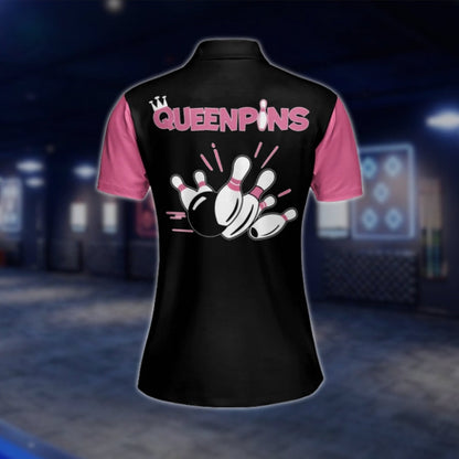 Queenpins Custom Name Black Pink Bowling Polo Shirt, Custom Funny Womens Bowling Shirts BW0050