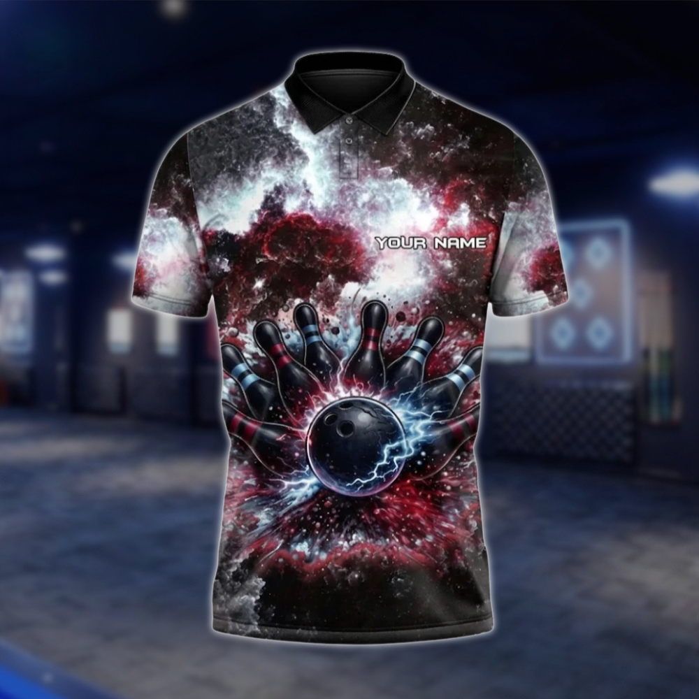 Personalized Galaxy Thunder Bowling Team Polo Shirt For Men, Custom Team Bowling Shirt Red Black BZ0798
