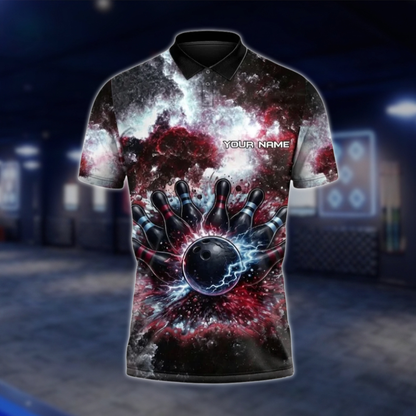 Personalized Galaxy Thunder Bowling Team Polo Shirt For Men, Custom Team Bowling Shirt Red Black BZ0798