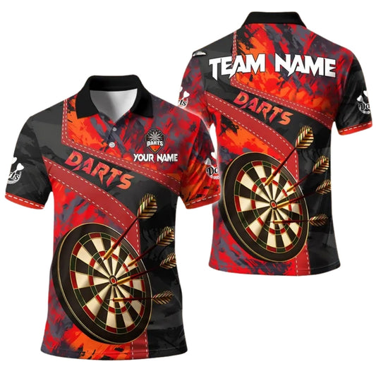 Team Red Black Grunge Abstract Men's Personalized Darts Button Polo