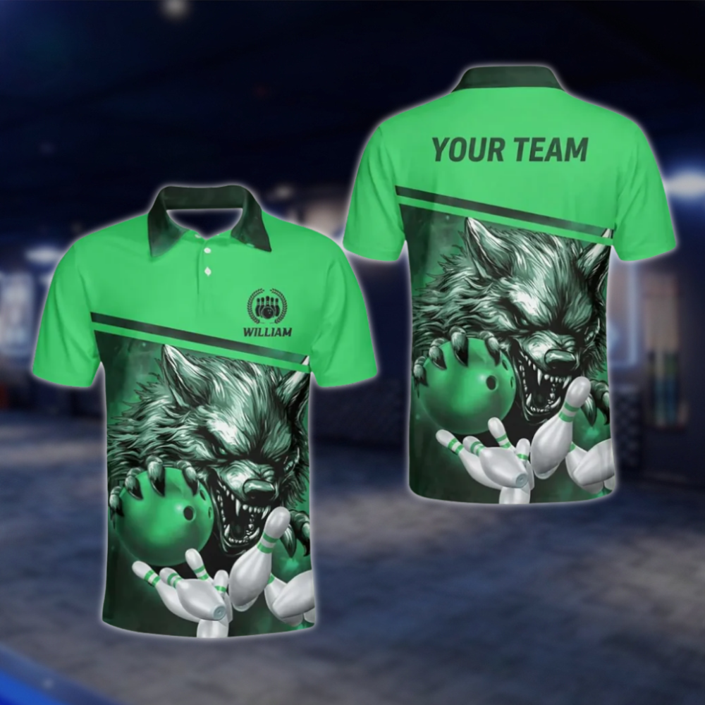Wolf Custom Mens Blue Bowling Polo Shirt, Custom Wolf Bowling Team Shirts BZ0138