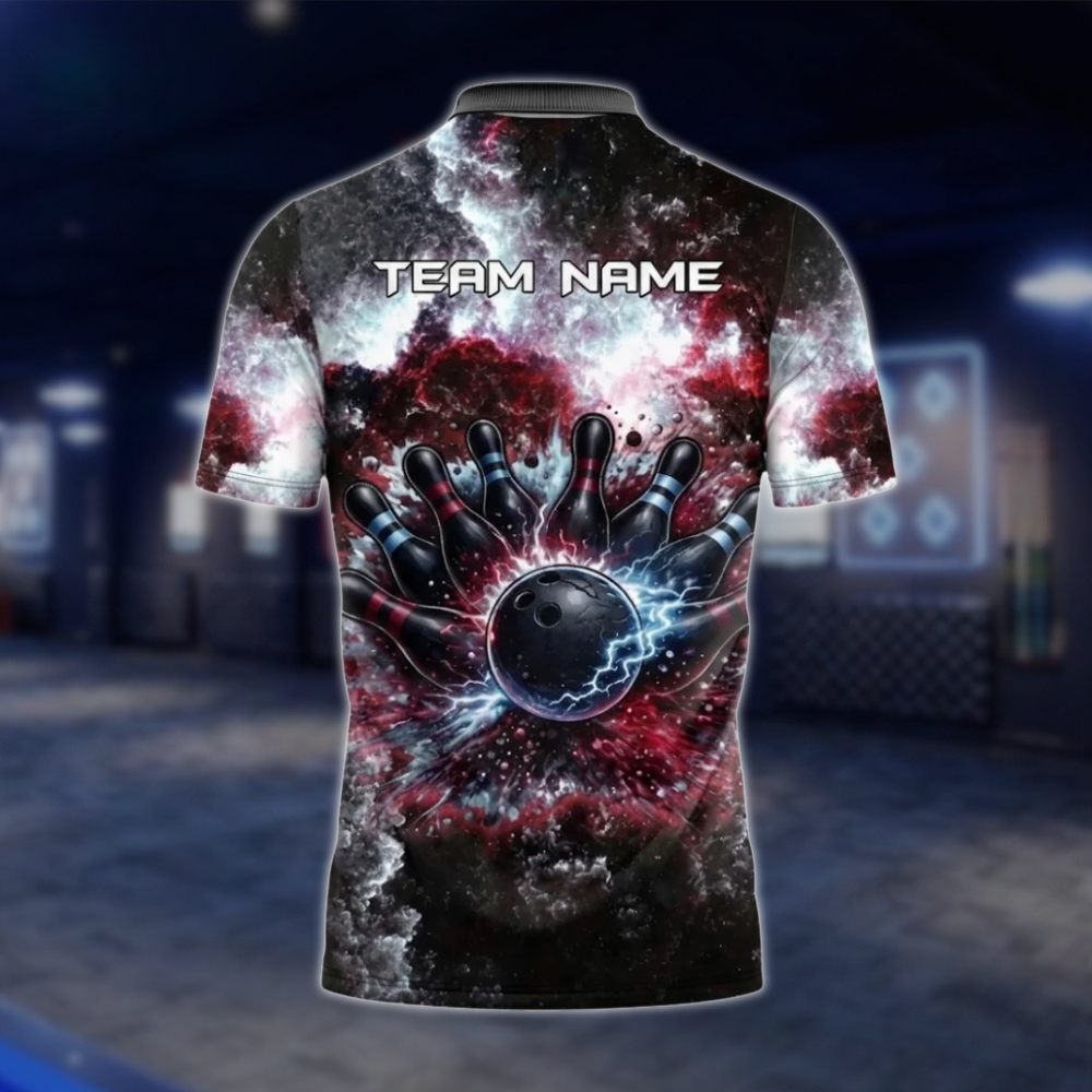 Personalized Galaxy Thunder Bowling Team Polo Shirt For Men, Custom Team Bowling Shirt Red Black BZ0798