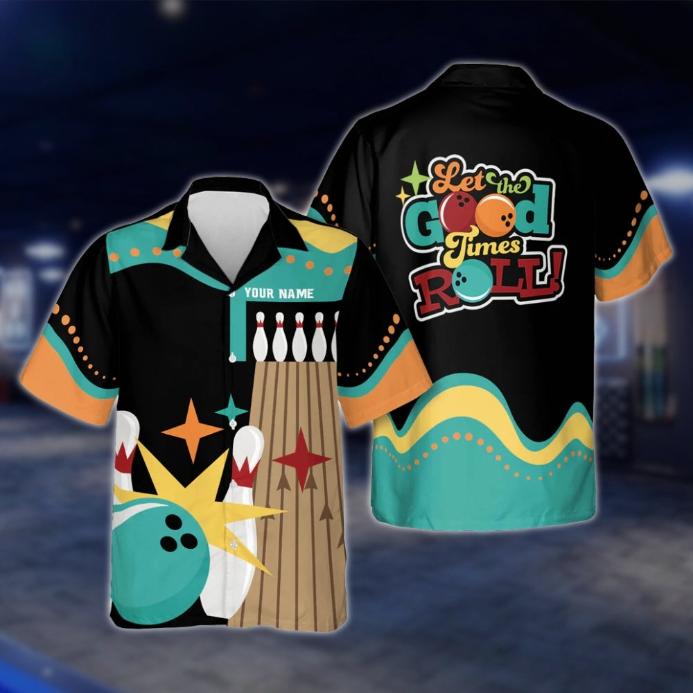 Let The Good Times Roll Custom Black Pink Blue Bowling Hawaiian Shirt For Men Women, Custom Funny Bowling Shirts BE0026