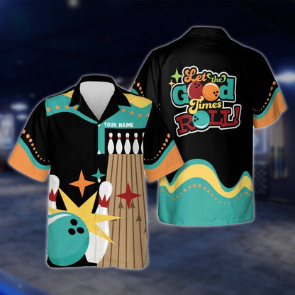 Let The Good Times Roll Custom Black Pink Blue Bowling Hawaiian Shirt For Men Women, Custom Funny Bowling Shirts BE0026