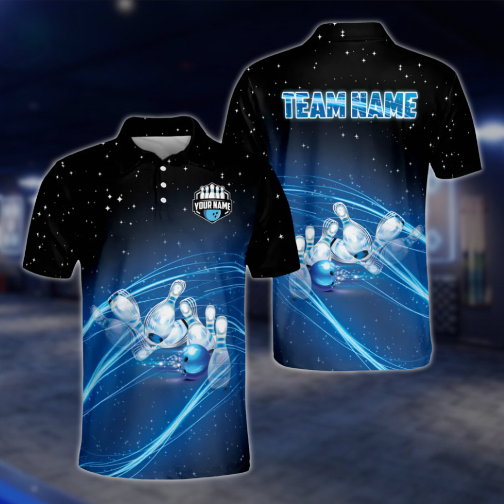 Custom Team Blue Lightning Bowling Polo Shirt For Men, Custom Bowling Team Shirts BZ0035