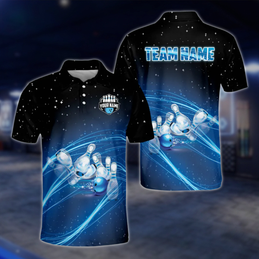 Custom Team Blue Lightning Bowling Polo Shirt For Men, Custom Bowling Team Shirts BZ0035