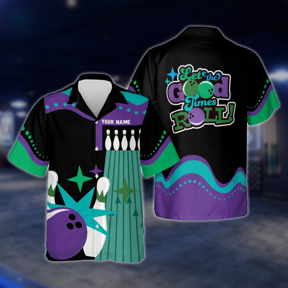 Let The Good Times Roll Custom Black Pink Blue Bowling Hawaiian Shirt For Men Women, Custom Funny Bowling Shirts BE0026