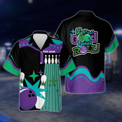 Let The Good Times Roll Custom Black Pink Blue Bowling Hawaiian Shirt For Men Women, Custom Funny Bowling Shirts BE0026