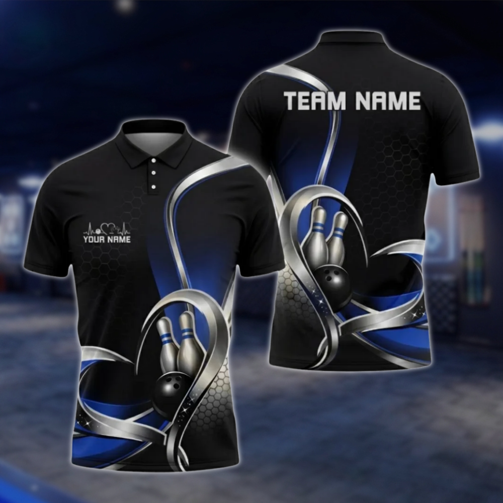 Personalized Team Silver Black Blue Bowling Polo Shirt, Custom Bowling Shirt For Men BZ0799
