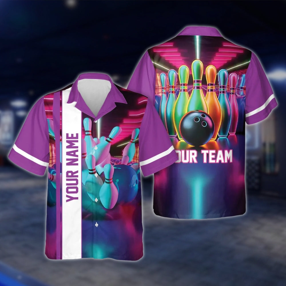 Custom Neon Pink Bowling Men And Women Hawaiian Shirts, Custom Team Bowling Shirts BE0027