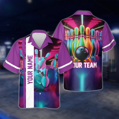 Custom Neon Pink Bowling Men And Women Hawaiian Shirts, Custom Team Bowling Shirts BE0027