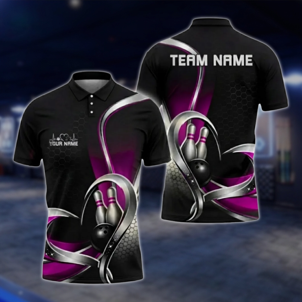 Personalized Team Silver Black Blue Bowling Polo Shirt, Custom Bowling Shirt For Men BZ0799