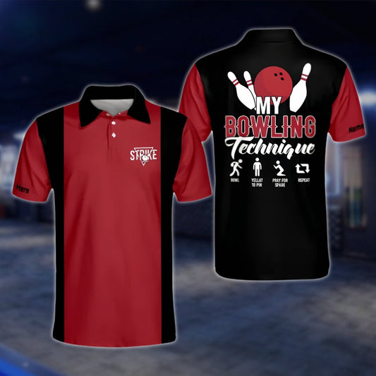 Custom My Bowling Technique Men's Bowling Polo Shirt, Black And Red Custom Funny Bowling Polo Shirts BM0299