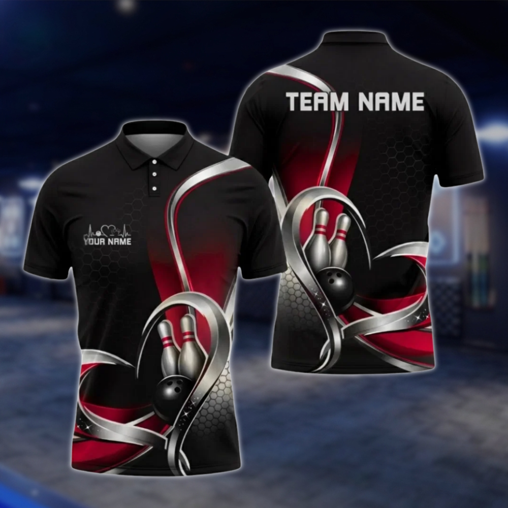Personalized Team Silver Black Blue Bowling Polo Shirt, Custom Bowling Shirt For Men BZ0799
