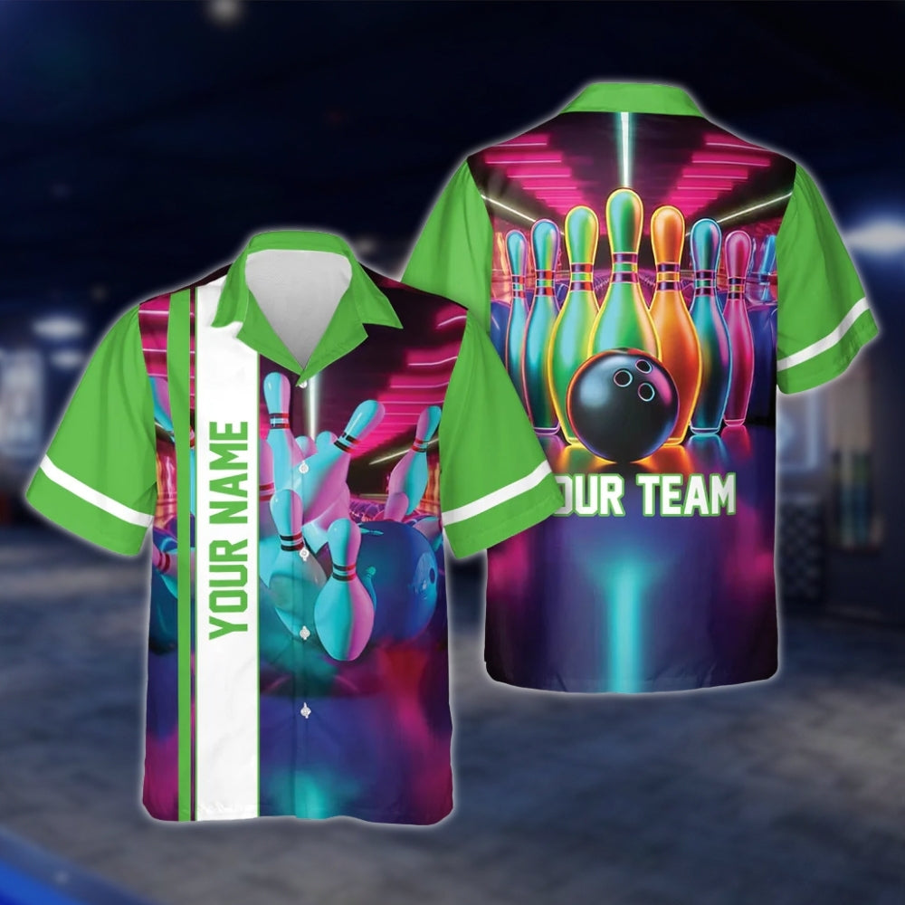 Custom Neon Pink Bowling Men And Women Hawaiian Shirts, Custom Team Bowling Shirts BE0027