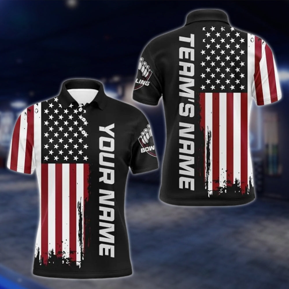 Custom American Flag Mens Bowling Polo Shirt, Custom Team Patriotic Bowling Shirts BZ0100