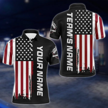 Custom American Flag Mens Bowling Polo Shirt, Custom Team Patriotic Bowling Shirts BZ0100