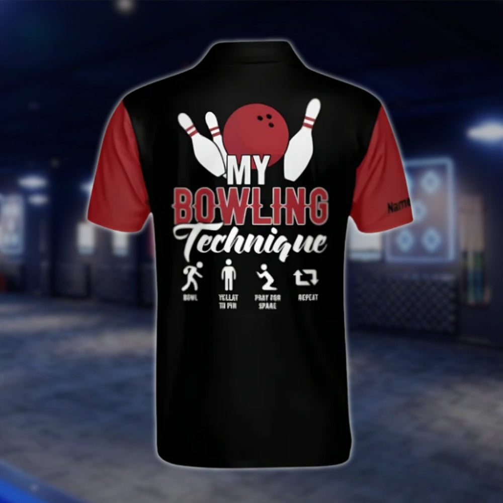 Custom My Bowling Technique Men's Bowling Polo Shirt, Black And Red Custom Funny Bowling Polo Shirts BM0299