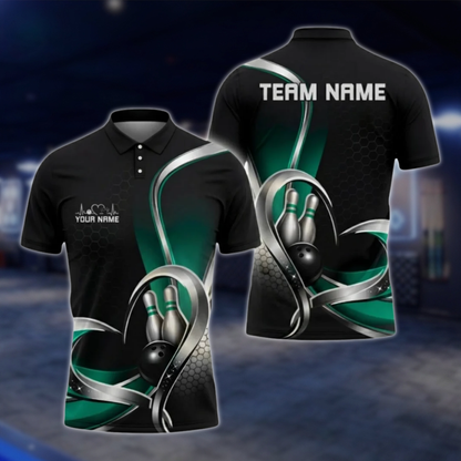 Personalized Team Silver Black Blue Bowling Polo Shirt, Custom Bowling Shirt For Men BZ0799