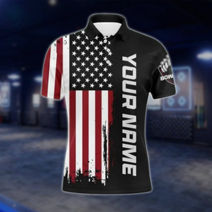 Custom American Flag Mens Bowling Polo Shirt, Custom Team Patriotic Bowling Shirts BZ0100