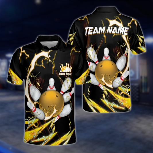 Custom Thunder Black Yellow Mens Bowling Polo Shirts, Custom Team Bowling Shirts BE0042
