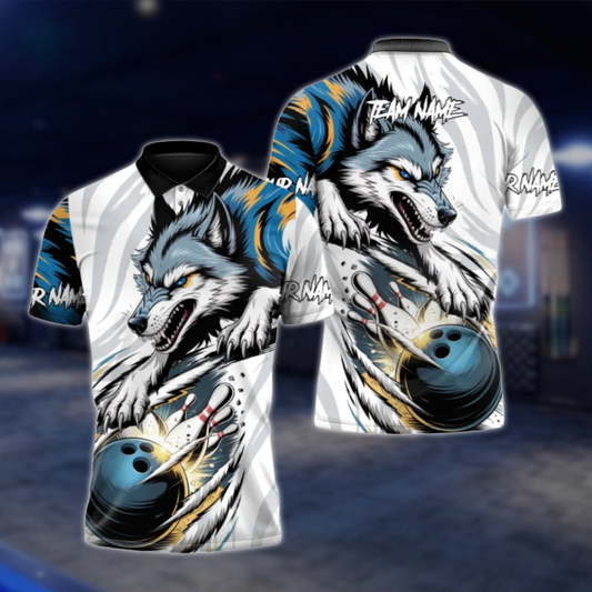 Personalized Wolf Blue And White Bowling Polo Shirt Men, Custom Wolf Bowling Team Shirt BZ0800