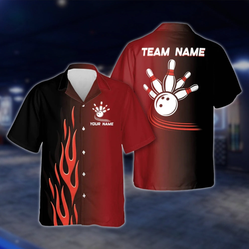 Custom Flame Red Black Hawaiian Bowling Shirt For Men Women, Custom Flame Bowling Team Shirts BE0028