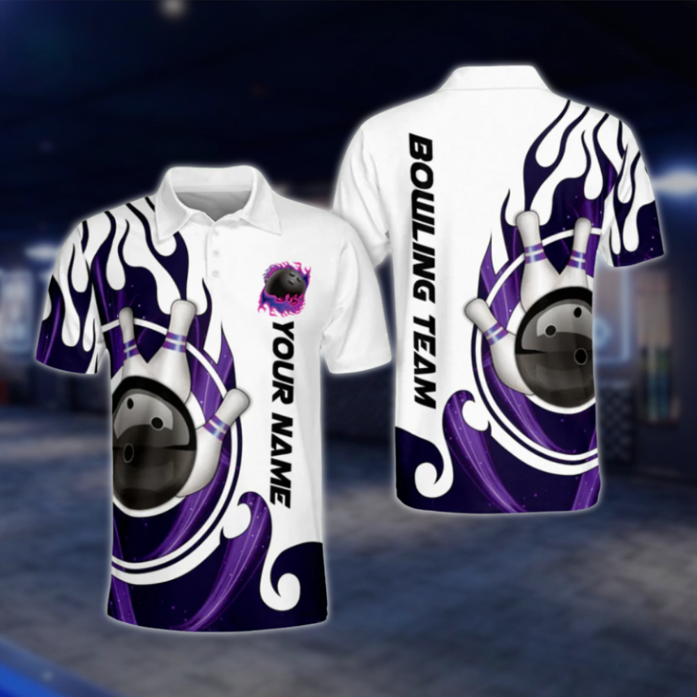 Personalised Men's White Blue Flame Bowling Polo Shirts, Custom Flame Bowling Team Shirts BM0279