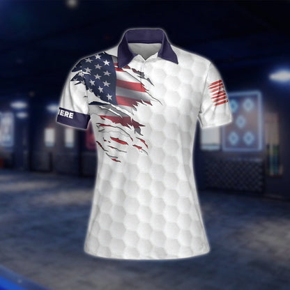 Custom White American Flag Women Bowling Polo Shirt, Custom Name Patriotic Bowling Shirt For Ladies BW0154