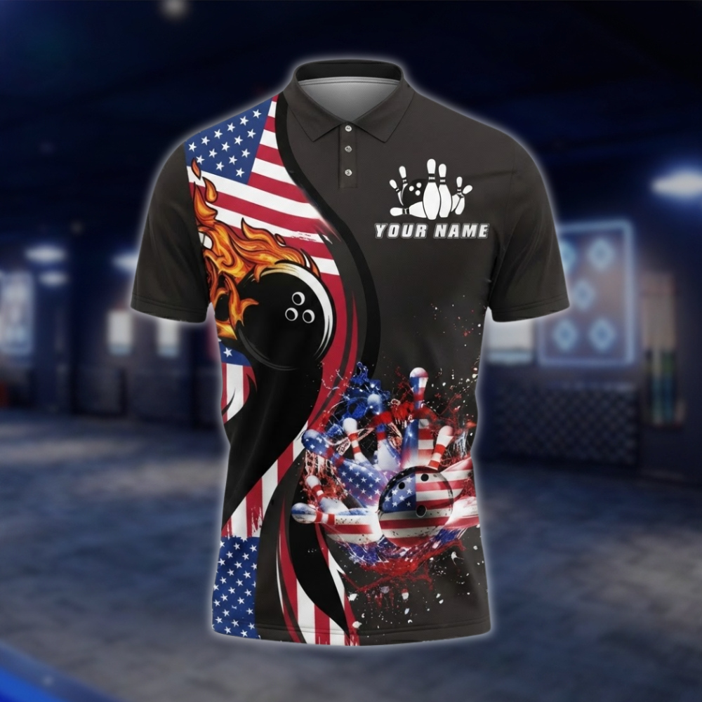 Personalized USA Flag Fire Ball Bowling Polo Shirt For Men, Custom Patriotic Bowling Shirts For Team BZ0756