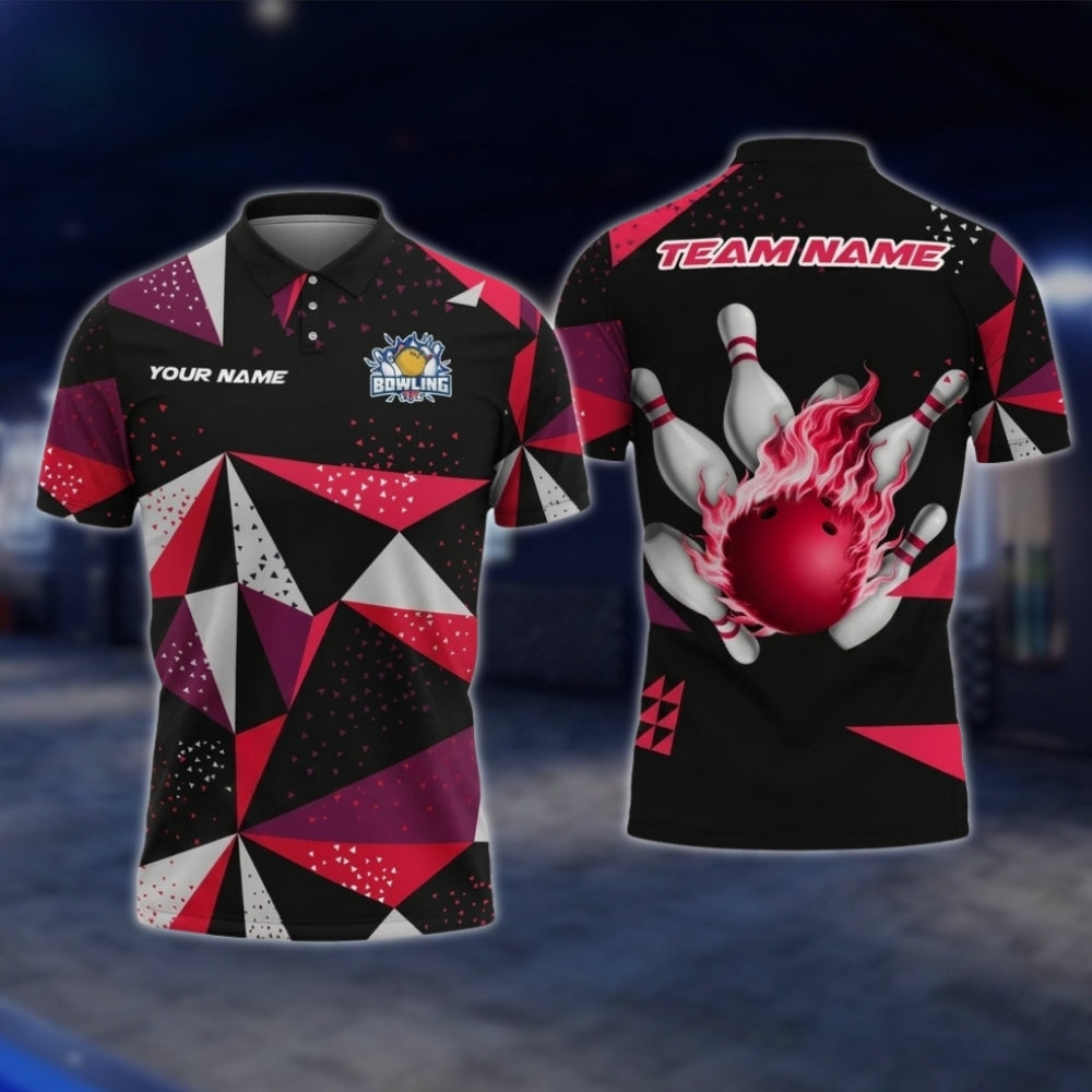 Personalized Geometric Polo Bowling Team Shirts For Men, White And Red Custom Bowling Shirts BZ0732