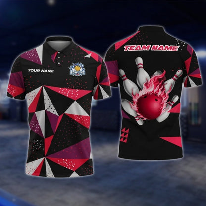 Personalized Geometric Polo Bowling Team Shirts For Men, White And Red Custom Bowling Shirts BZ0732