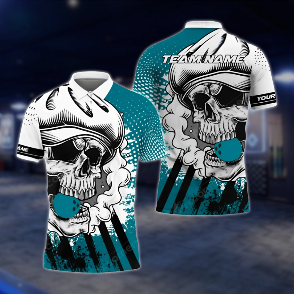 Personalized Skull White Red Bowling Polo Shirt For Men, Custom Skull Bowling Shirt For Team BZ0768