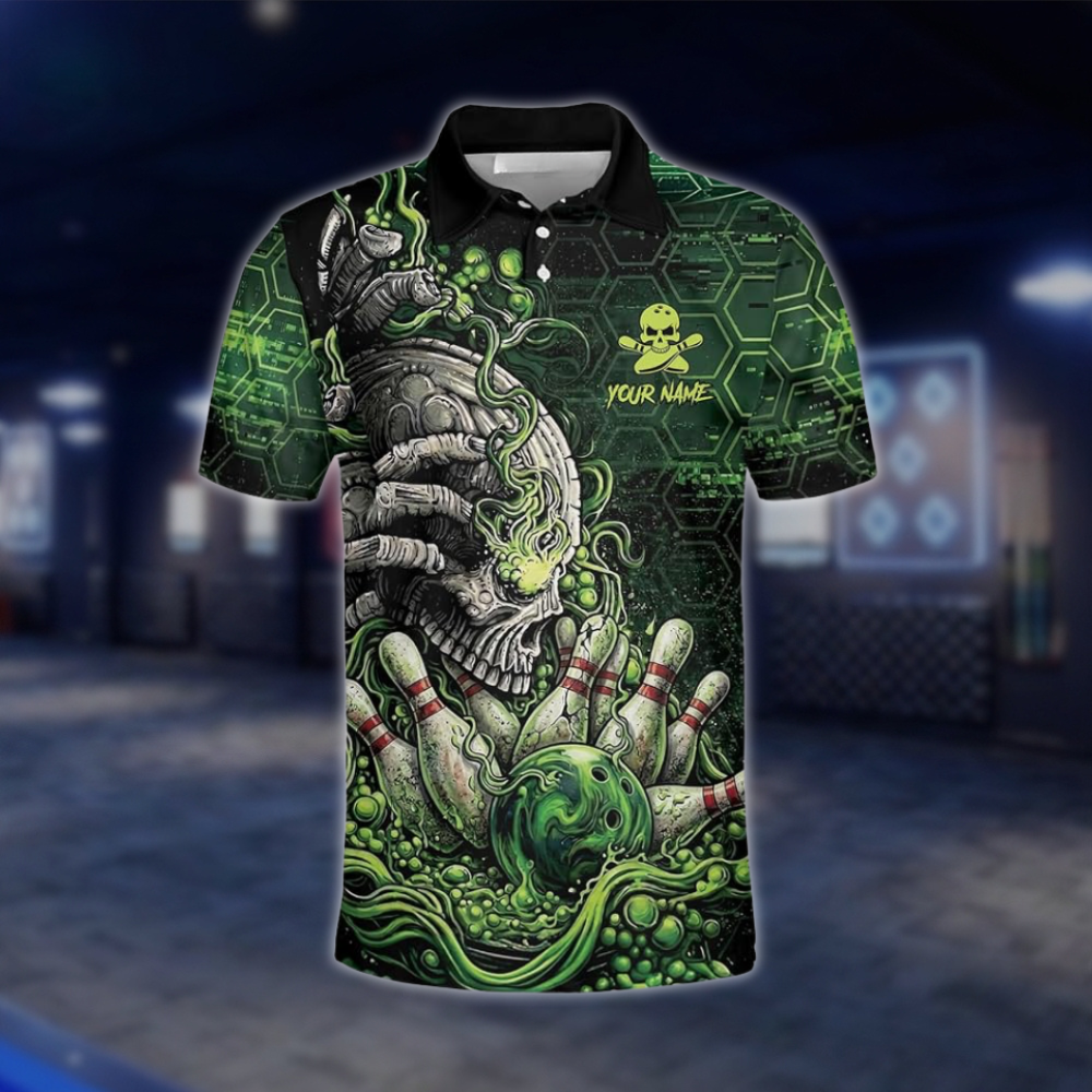 Personalized Mens Skull Green Bowling Polo Shirt, Custom Skull Team Bowling Shirt BZ0922