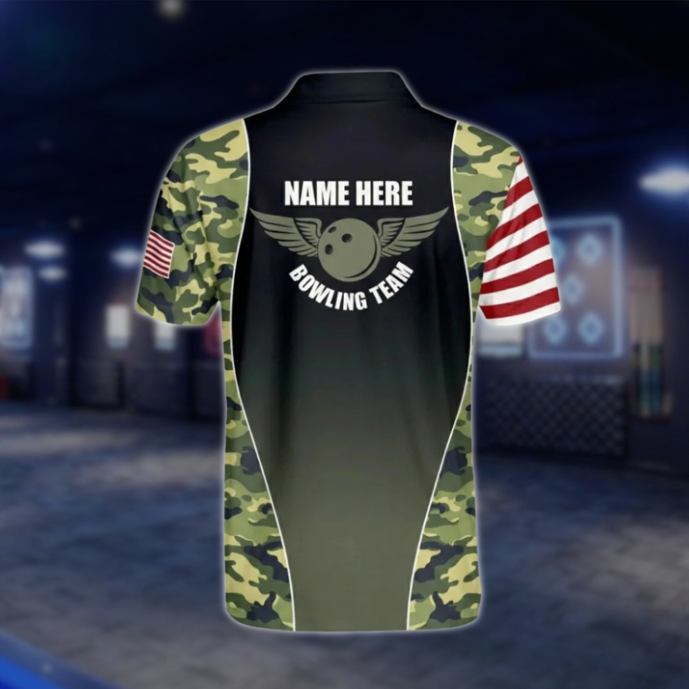 Custom Camo USA Flag Mens Bowling Polo Shirt, Custom Camo Bowling Shirts BM0146