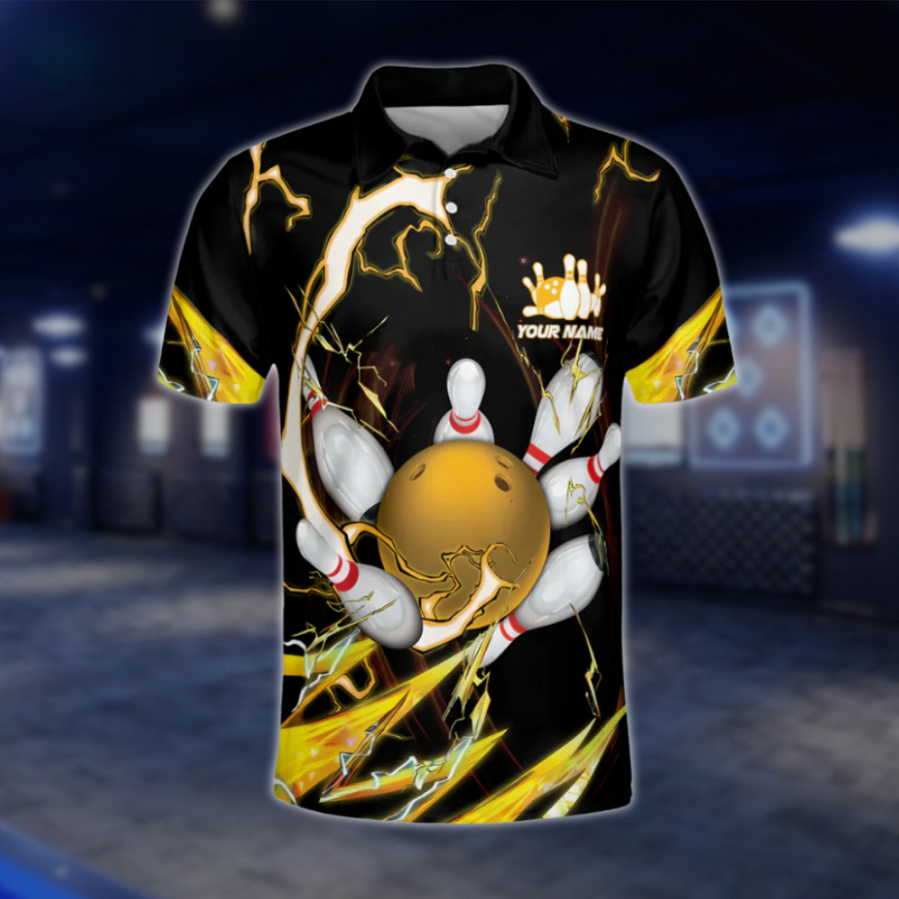 Custom Thunder Black Yellow Mens Bowling Polo Shirts, Custom Team Bowling Shirts BE0042