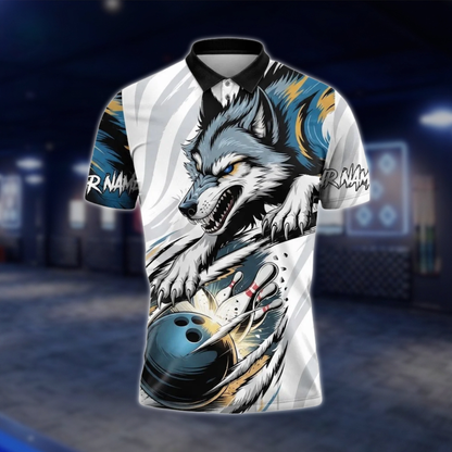 Personalized Wolf Blue And White Bowling Polo Shirt Men, Custom Wolf Bowling Team Shirt BZ0800
