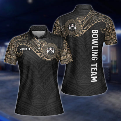 Custom Tribal Black Beige Womens Bowling Polo Shirt, Custom Tribal Bowling Team Shirt Women BW0155
