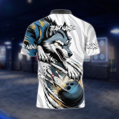 Personalized Wolf Blue And White Bowling Polo Shirt Men, Custom Wolf Bowling Team Shirt BZ0800