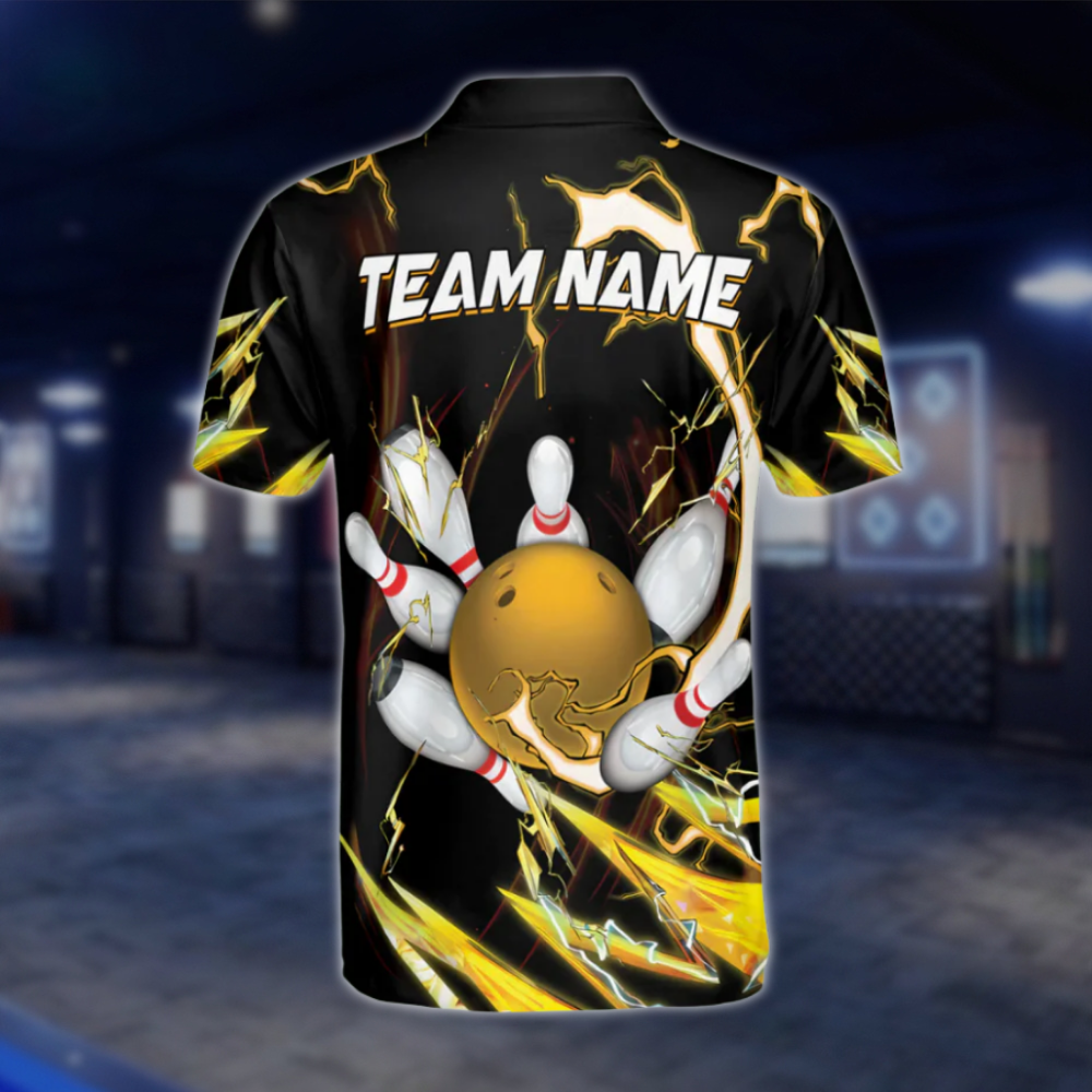 Custom Thunder Black Yellow Mens Bowling Polo Shirts, Custom Team Bowling Shirts BE0042