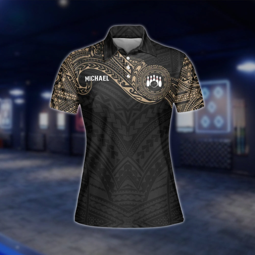 Custom Tribal Black Beige Womens Bowling Polo Shirt, Custom Tribal Bowling Team Shirt Women BW0155