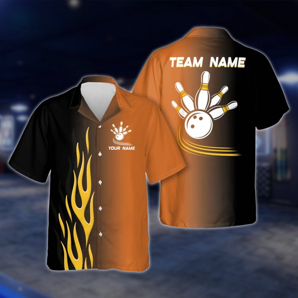 Custom Flame Red Black Hawaiian Bowling Shirt For Men Women, Custom Flame Bowling Team Shirts BE0028
