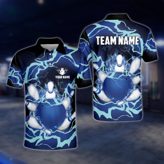 Custom Flame Thuder Men's Blue Bowling Polo Shirt, Custom Flame Bowling Shirts For Team BO0359