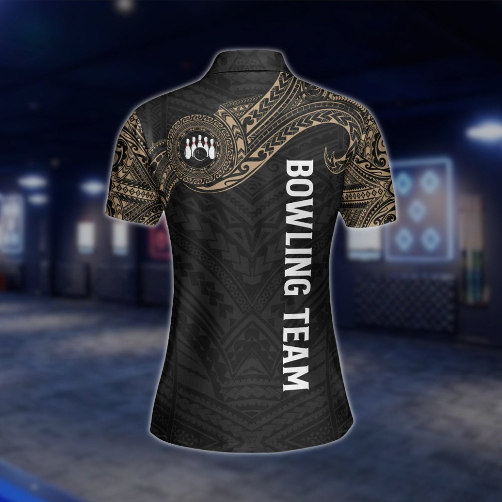 Custom Tribal Black Beige Womens Bowling Polo Shirt, Custom Tribal Bowling Team Shirt Women BW0155